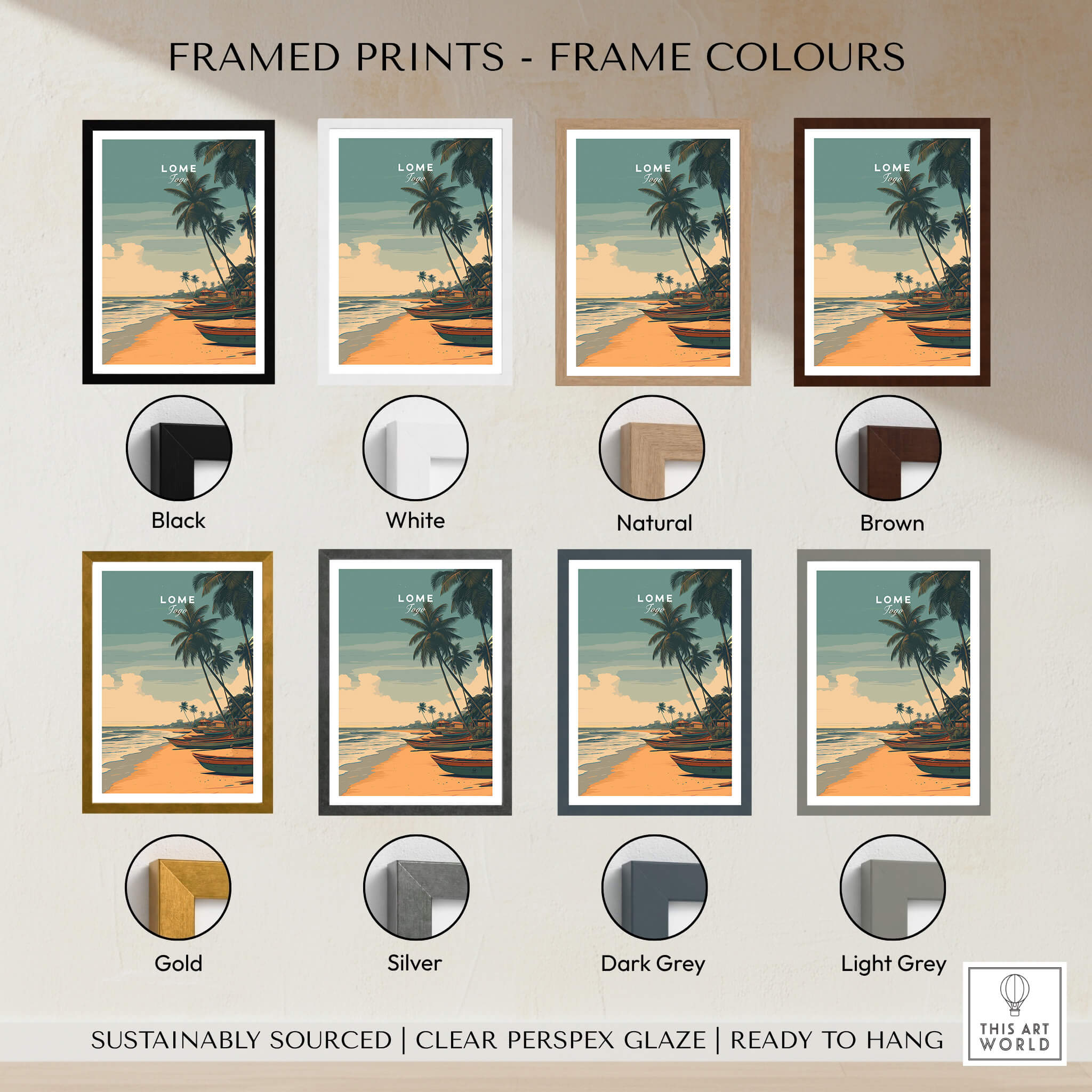 Lomé Togo Travel Poster | Sunset Shoreline Wall Art Print framed in various colors including black, white, natural, and brown.