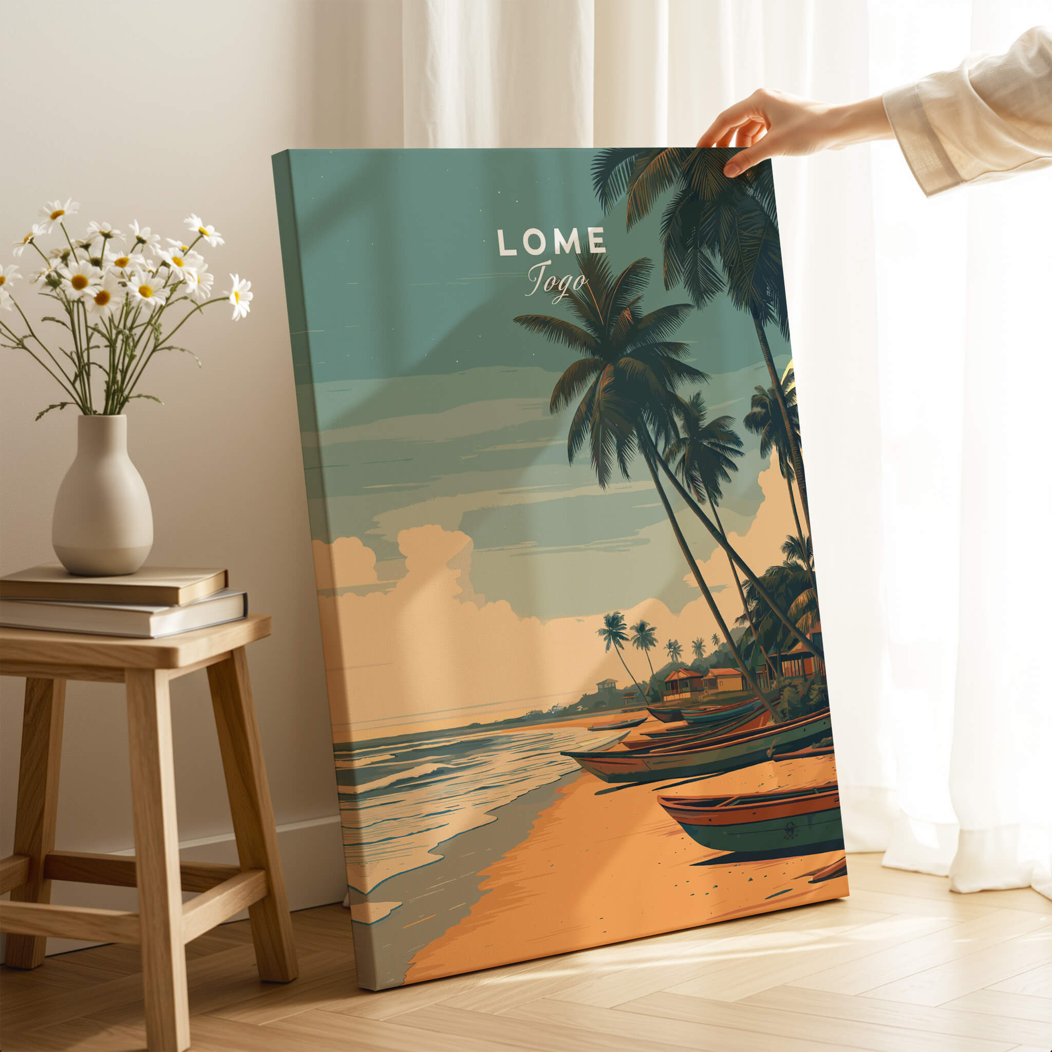 Lomé Togo Travel Poster | Sunset Shoreline Wall Art Print showcasing vibrant coastal scenery with palm trees and fishing boats.