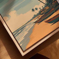 Lomé Togo Travel Poster | Sunset Shoreline Wall Art Print depicting a serene beach scene with fishing boats and palm trees.