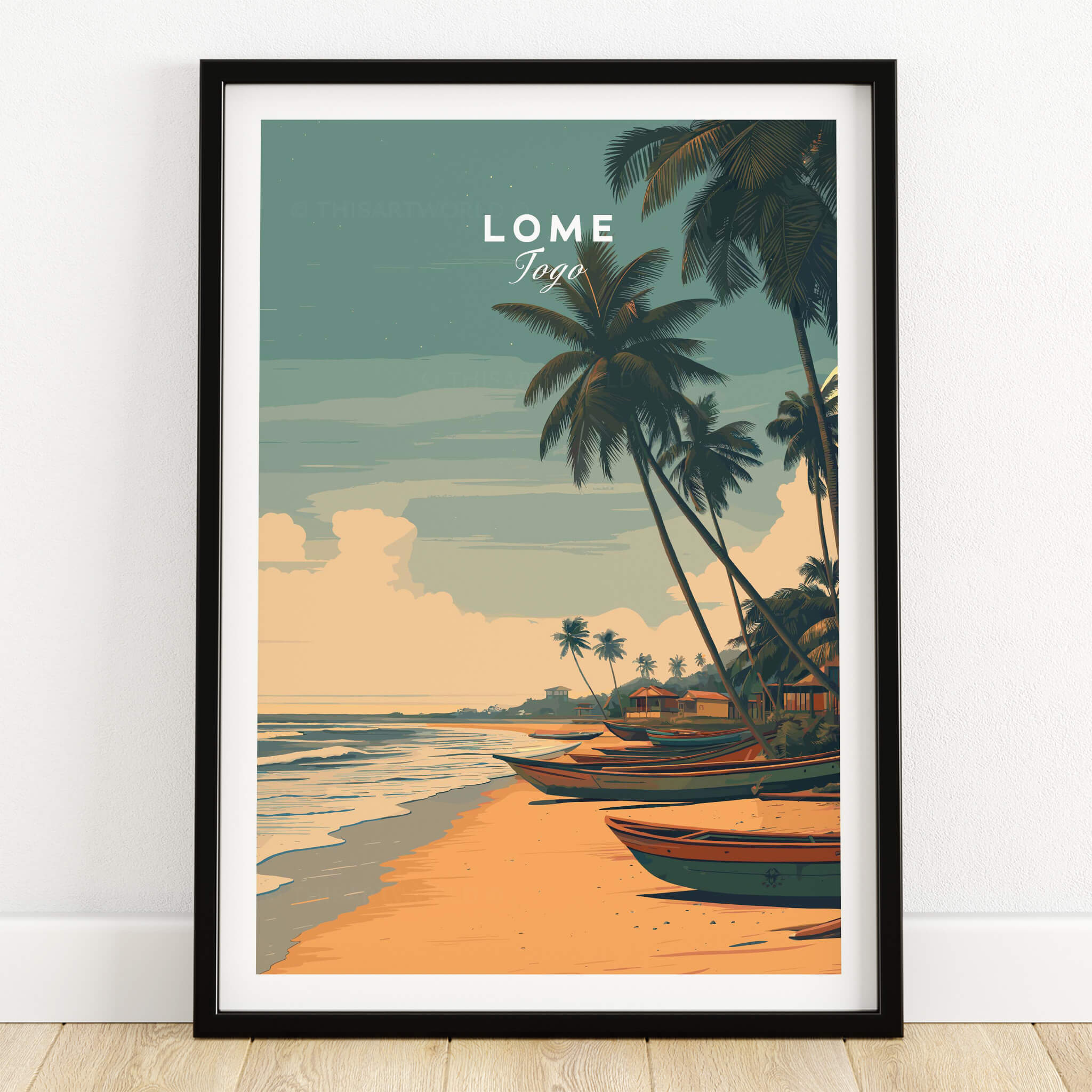 Lomé Togo Travel Poster | Sunset Shoreline Wall Art Print featuring beach, fishing boats, and palms at sunset.