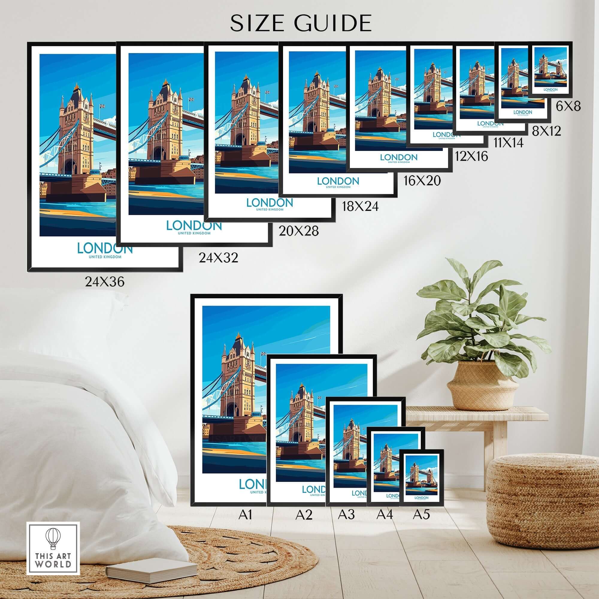 London Poster England size guide featuring Tower Bridge art prints in various dimensions.