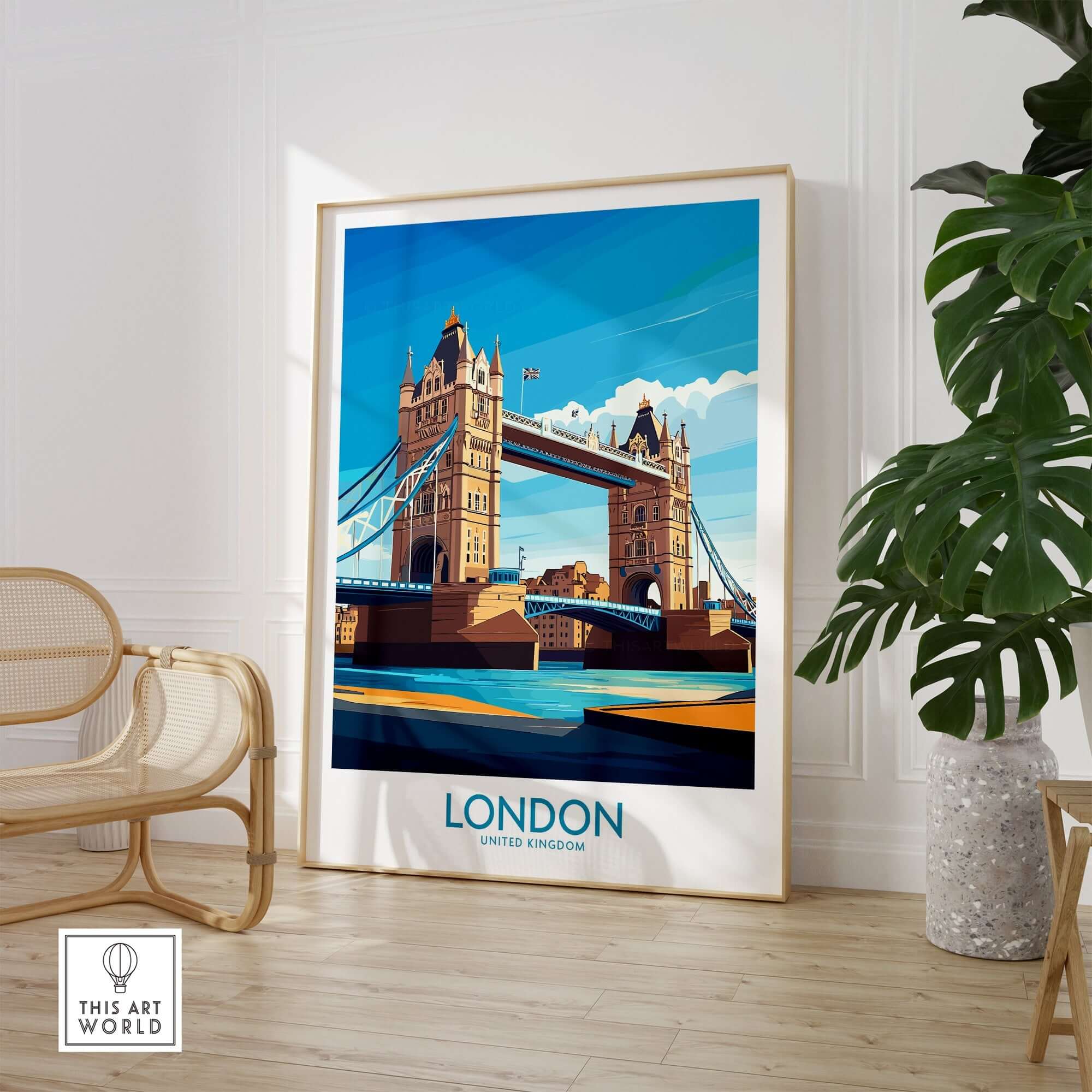London Poster England featuring Tower Bridge in a vibrant illustration for wall art decor.