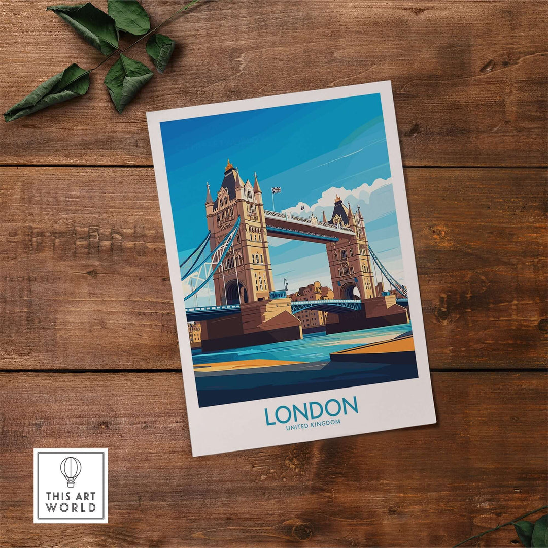 London Poster depicting Tower Bridge over Thames River on wooden table with leaves, showcasing iconic London scenery.