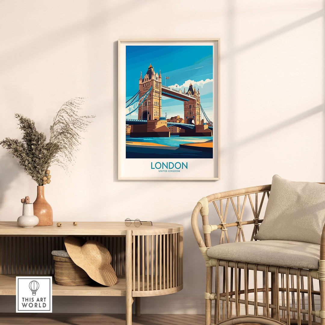 London Poster England featuring Tower Bridge over the Thames River, perfect wall art for home decor and England lovers.