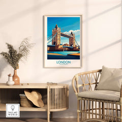London Poster England featuring Tower Bridge over the Thames River in a stylish living room setting.