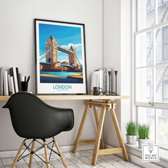London Poster England displayed in a stylish home office featuring Tower Bridge and the Thames River.