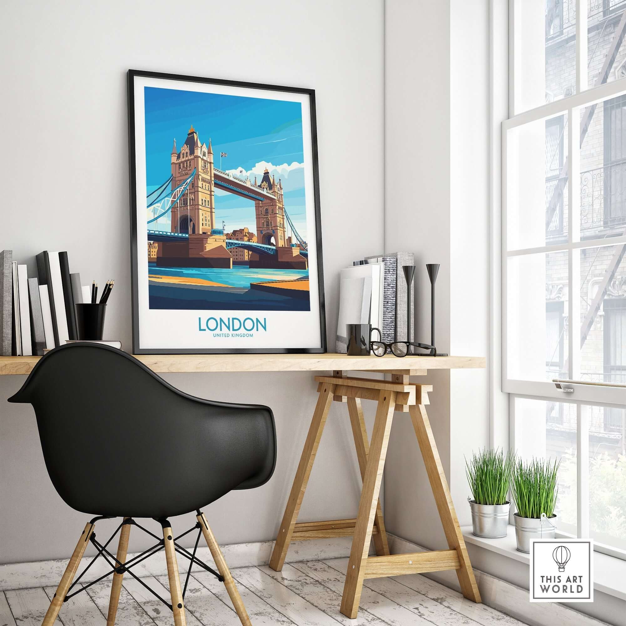 London Poster England displayed in a stylish home office featuring Tower Bridge and the Thames River.