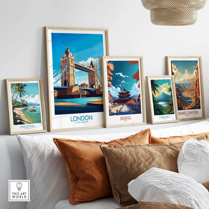 London Poster England Tower Bridge Over Thames River Wall Art in a Modern Living Room Decor Display.