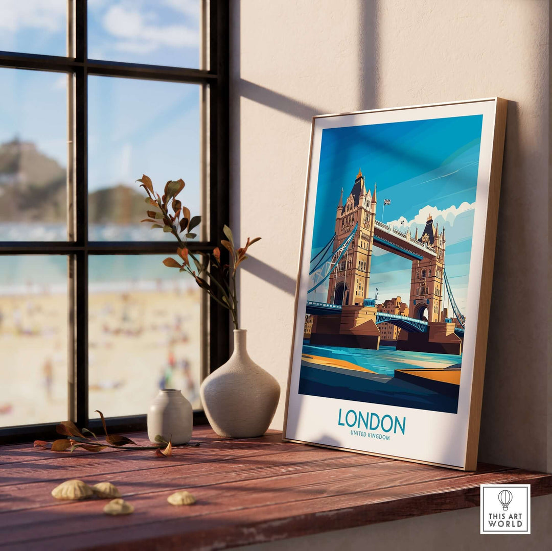 London Poster featuring Tower Bridge over the Thames River, England wall art in modern room setting.