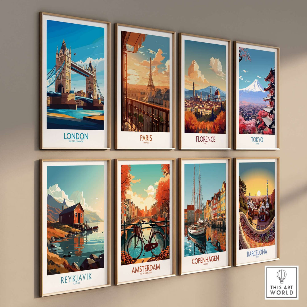 Wall display of posters from major cities including London, Paris, Florence, Tokyo, Reykjavik, Amsterdam, Copenhagen, and Barcelona