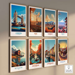 London Poster England featuring Tower Bridge wall art in a gallery display of famous city posters.