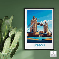 London Poster England featuring Tower Bridge over the Thames in a stylish illustration.