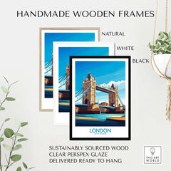 London Poster England framed in handmade wooden frames, showcasing Tower Bridge with a vibrant blue sky.