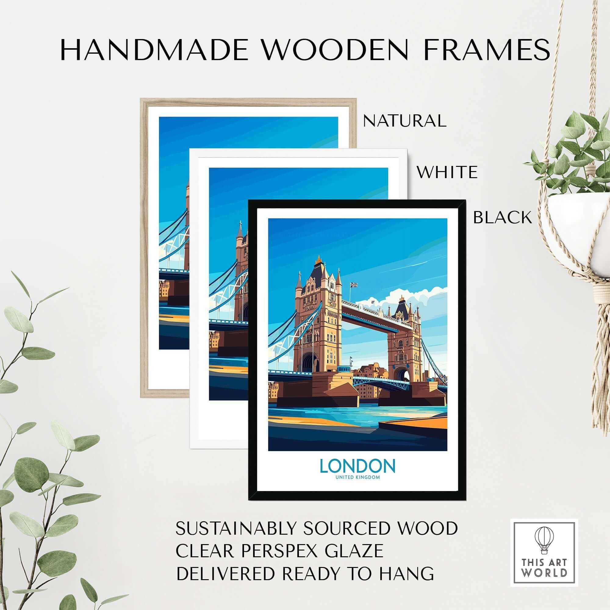 London Poster England framed in handmade wooden frames, showcasing Tower Bridge with a vibrant blue sky.