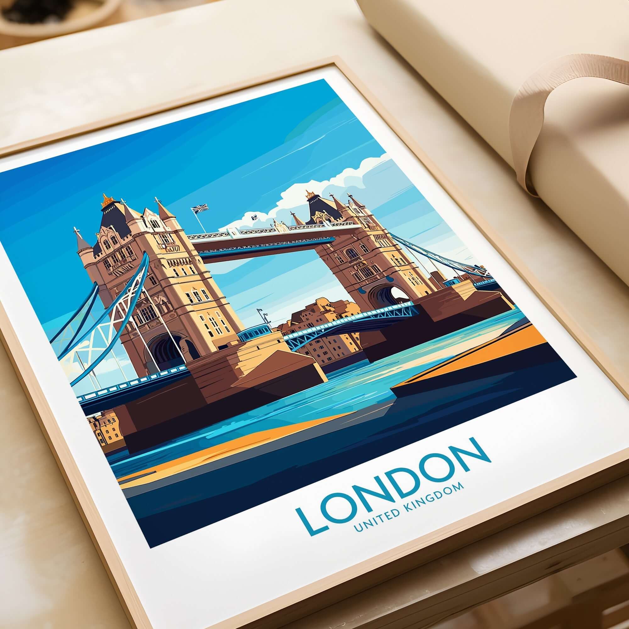 London Poster England featuring Tower Bridge over the Thames River in a colorful design.