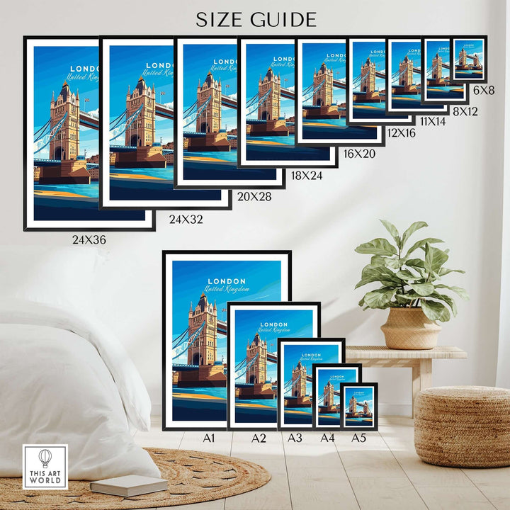 London Print England size guide featuring Tower Bridge and River Thames, various wall art sizes from 6x8 to 24x36.