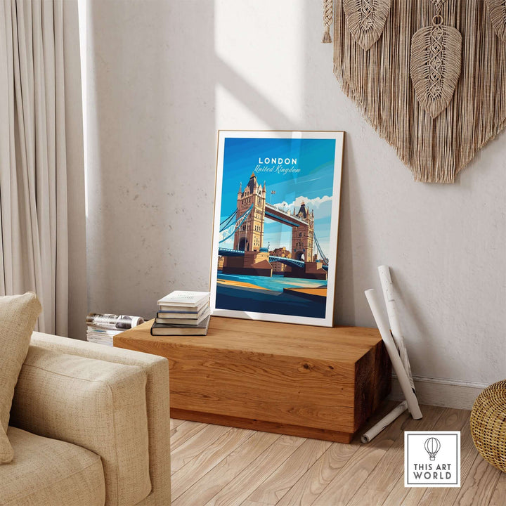 London Print England featuring Tower Bridge on wall in cozy living room. Unique London Wall Art for Anglophiles.