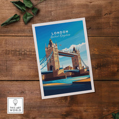 London Print England showcasing Tower Bridge, vibrant colors on wooden background, perfect wall art.
