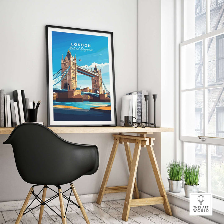 London Print England poster featuring Tower Bridge on desk in stylish home office. London Wall Art for Anglophiles.