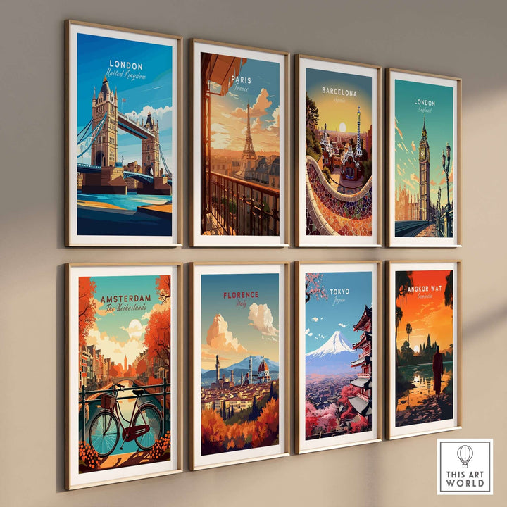 A collection of colorful travel posters featuring iconic landmarks from cities like London, Paris, Barcelona, Amsterdam, Florence, Tokyo, and Canada.