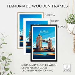 London Print England in handmade wooden frames, featuring Tower Bridge, ideal for stylish wall decor.