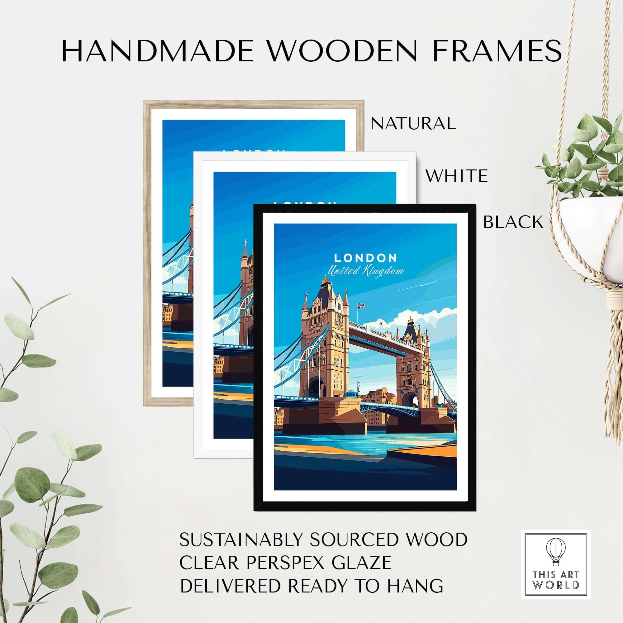 London Print England in handmade wooden frames, featuring Tower Bridge, ideal for stylish wall decor.