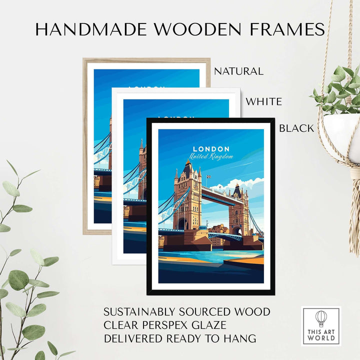 London Print England in handmade wooden frames featuring Tower Bridge, available in natural, white, and black, ready to hang.