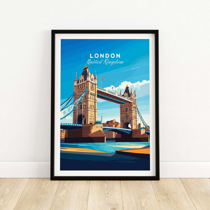 London Print England featuring Tower Bridge and River Thames displayed on a wall. Perfect London Wall Art for any Anglophile home decor.