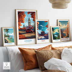 London Travel Poster featuring iconic sights like Big Ben and a red double-decker bus among other travel art.
