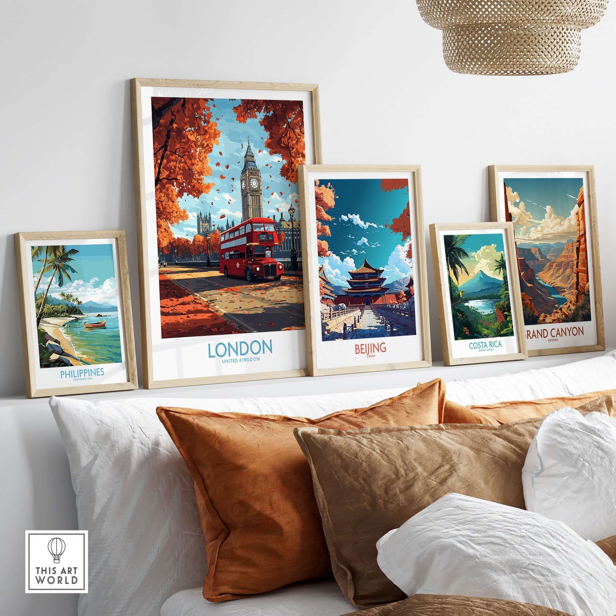 London Travel Poster featuring iconic sights like Big Ben and a red double-decker bus among other travel art.