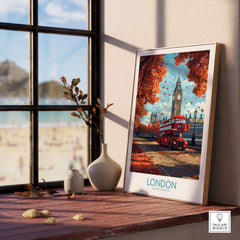 London Travel Poster featuring Big Ben and a red double-decker bus, perfect for home decor enthusiasts.