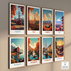 London Travel Poster featuring iconic landmarks and vibrant scenes of London, perfect for home decor and travel enthusiasts.