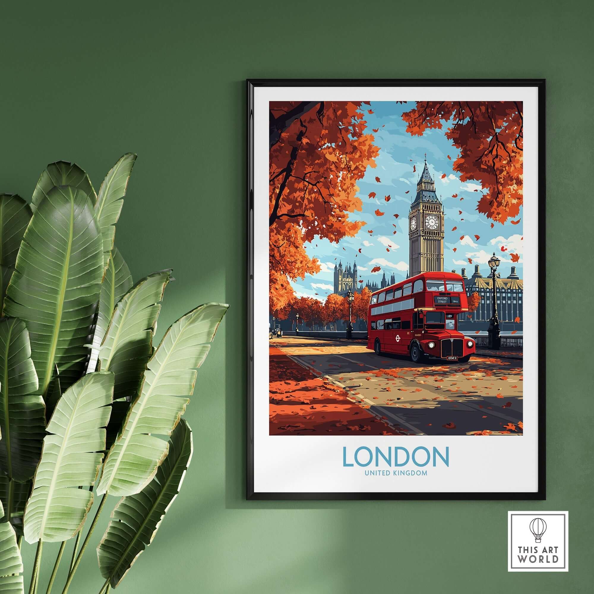 London Travel Poster featuring iconic red double-decker bus and Big Ben surrounded by autumn leaves.