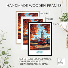 London Travel Poster displayed in handmade wooden frames, featuring red bus and Big Ben, perfect for home decor.