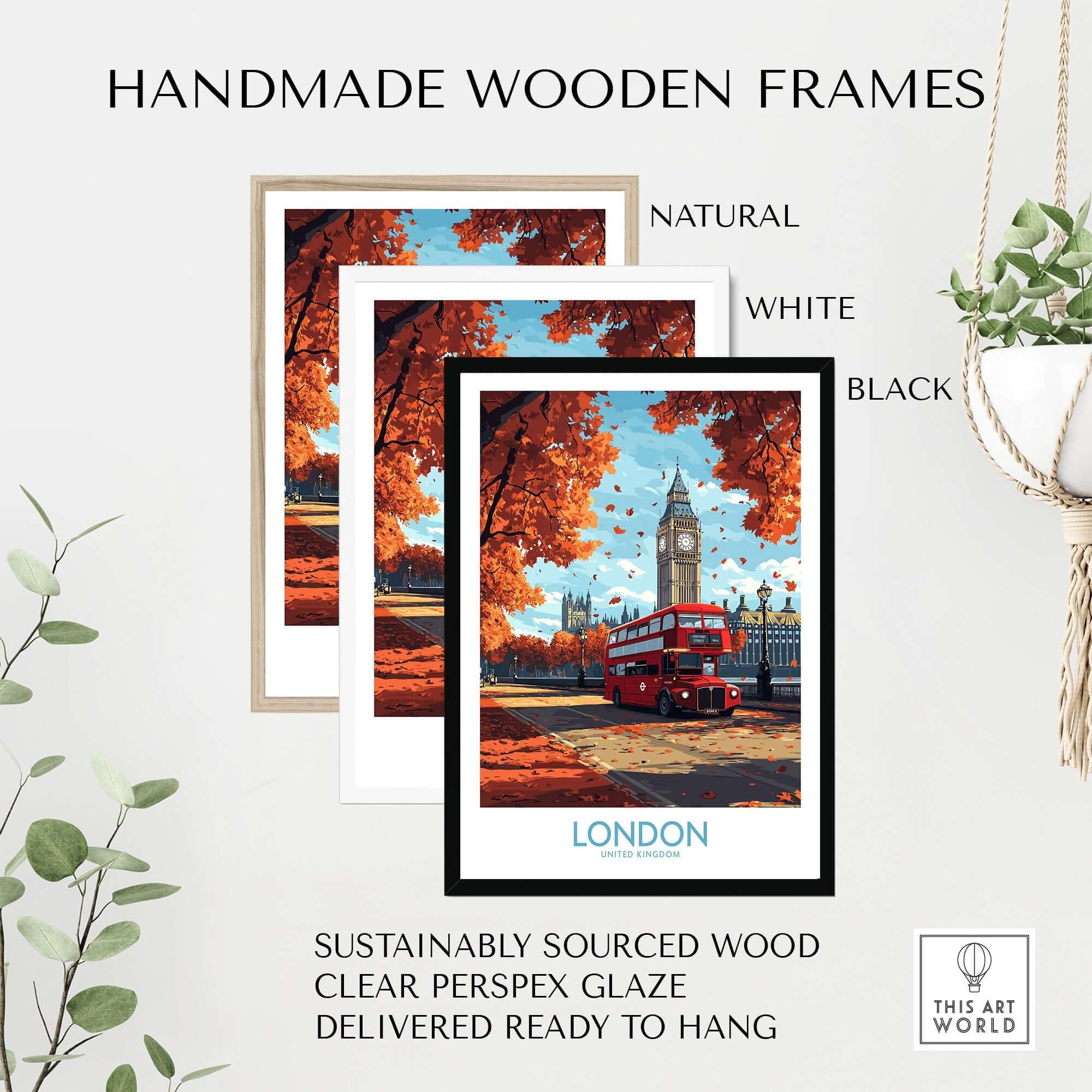 London Travel Poster displayed in handmade wooden frames, featuring red bus and Big Ben, perfect for home decor.