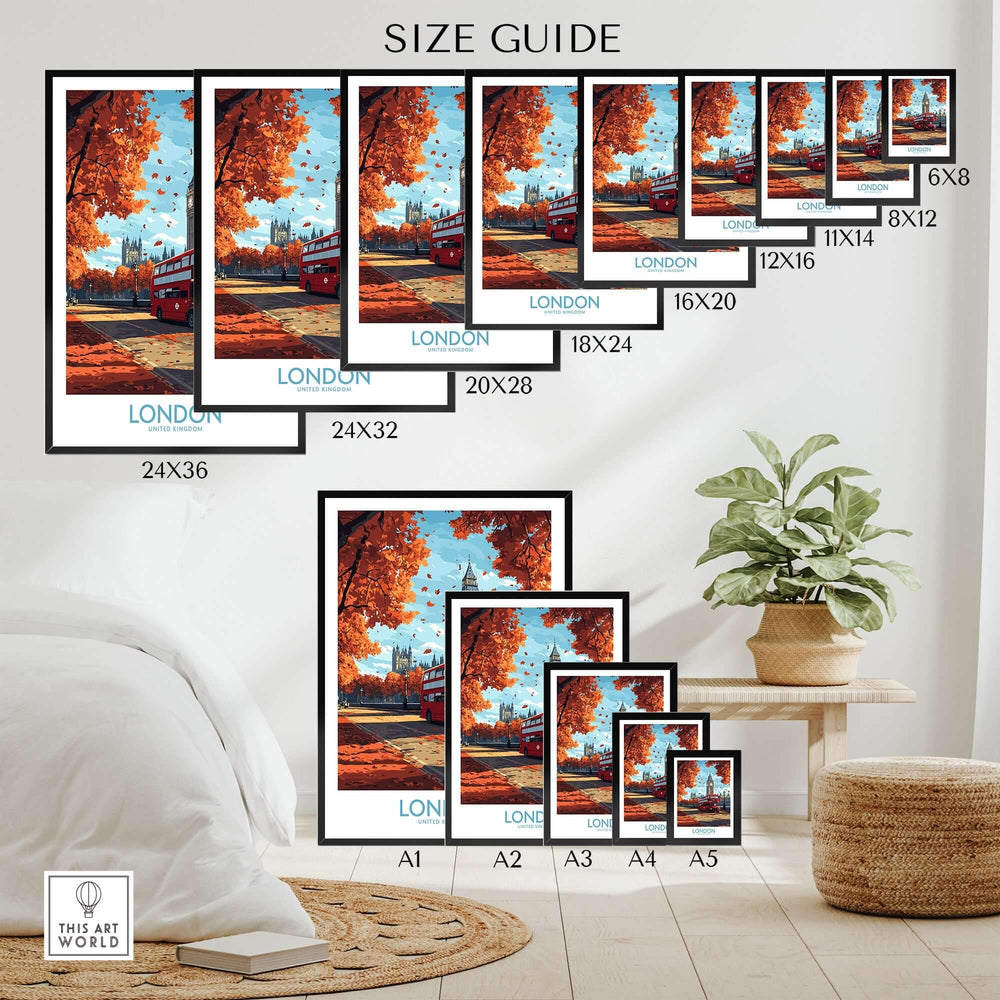 London travel poster size guide featuring wall art with red double-decker bus, Big Ben, and autumn scenery in various frame sizes on a bedroom wall