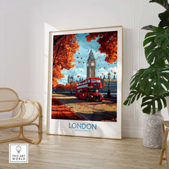 London Travel Poster featuring a red double-decker bus and Big Ben, perfect for home decor.