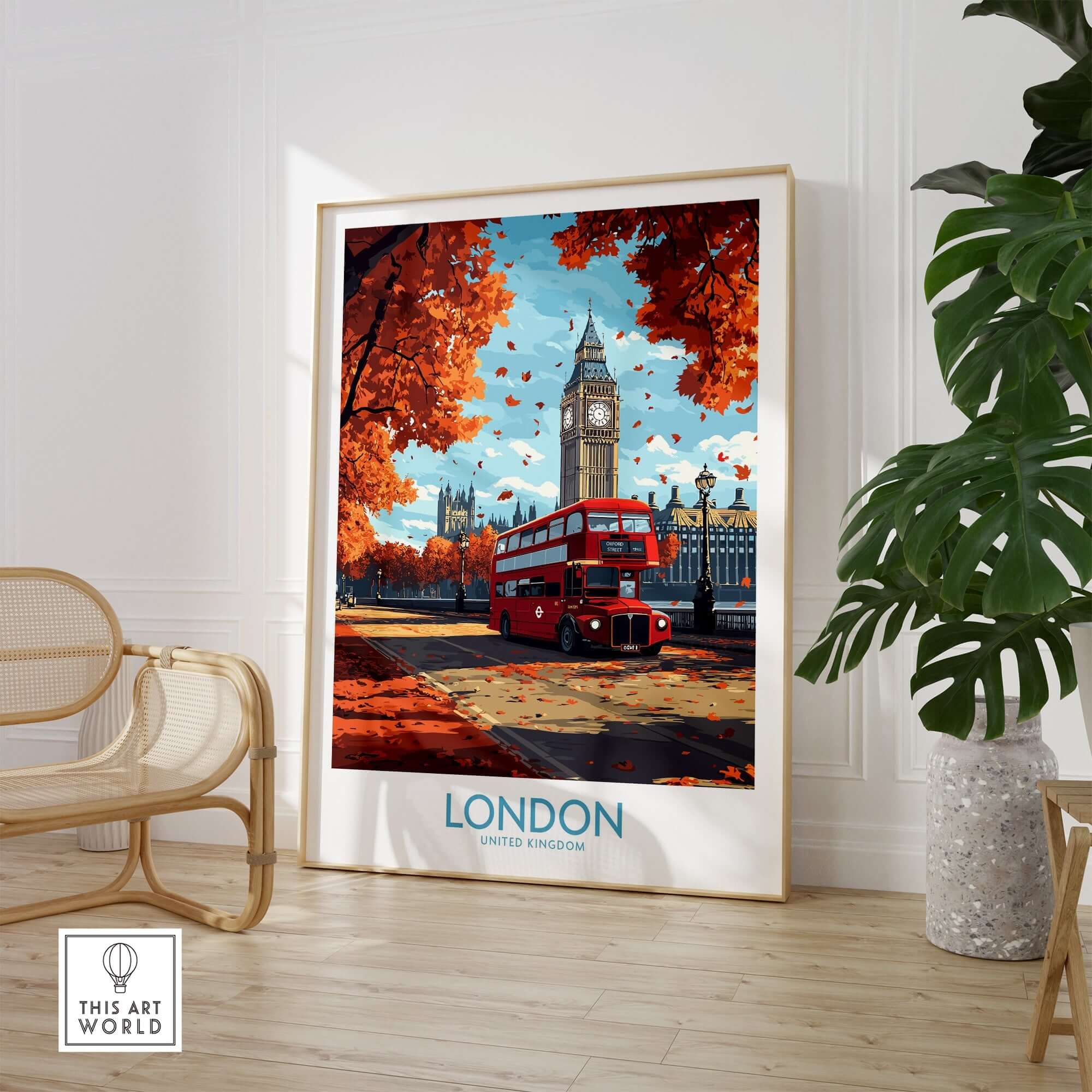 London Travel Poster featuring a red double-decker bus and Big Ben, perfect for home decor.