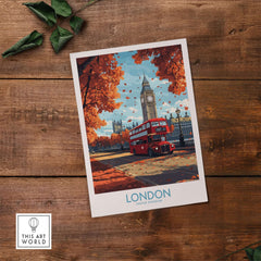 London Travel Poster featuring red double-decker bus and Big Ben surrounded by autumn leaves.