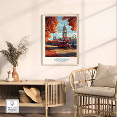 London Travel Poster showcasing Big Ben and a red double-decker bus in a stylish living room setting.