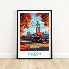 London Travel Poster featuring a red double-decker bus and Big Ben, capturing the charm of London in autumn.