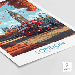 London Travel Poster showcasing a red double-decker bus and Big Ben surrounded by autumn leaves.