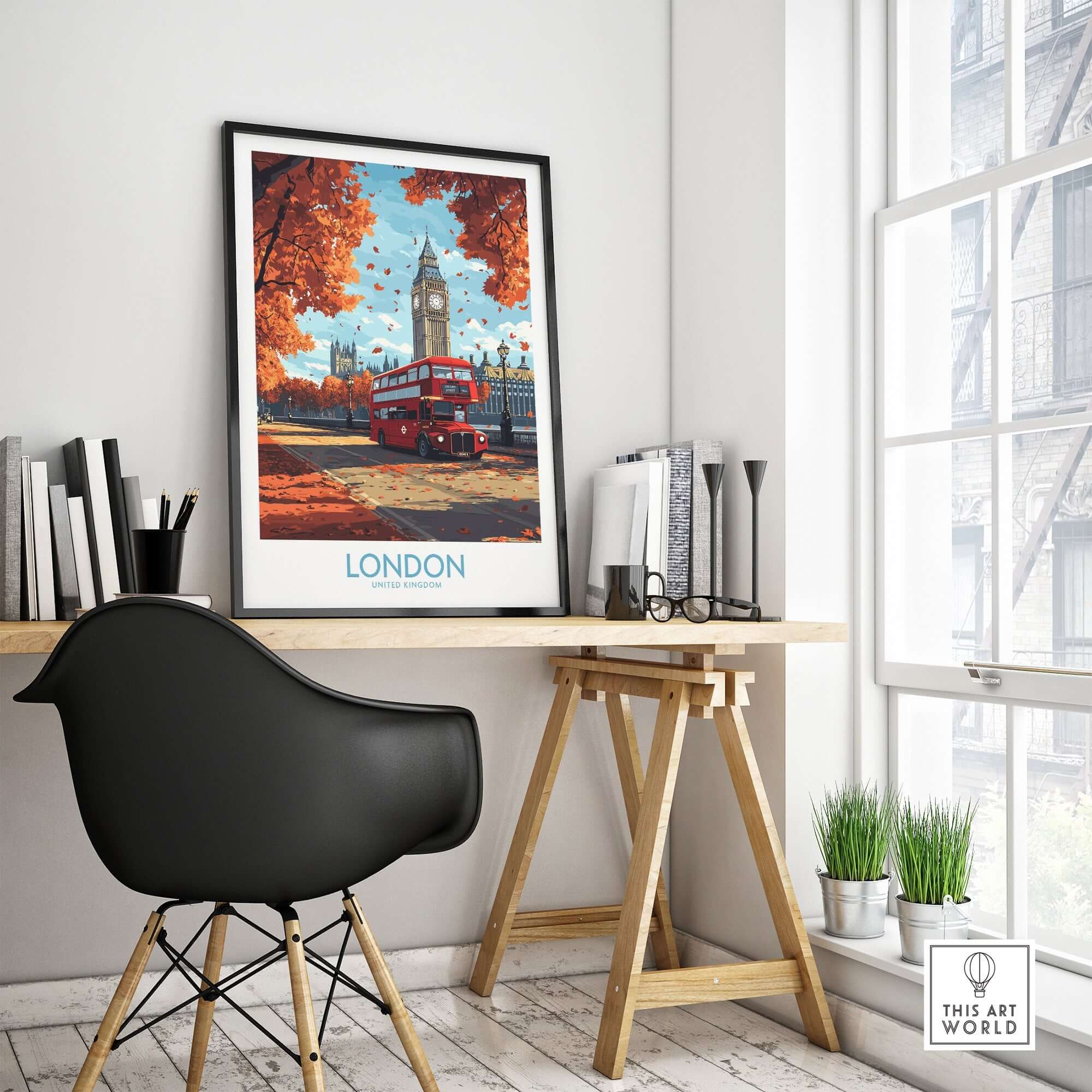 London Travel Poster showcasing red double-decker bus and Big Ben, perfect for home decor and London enthusiasts.
