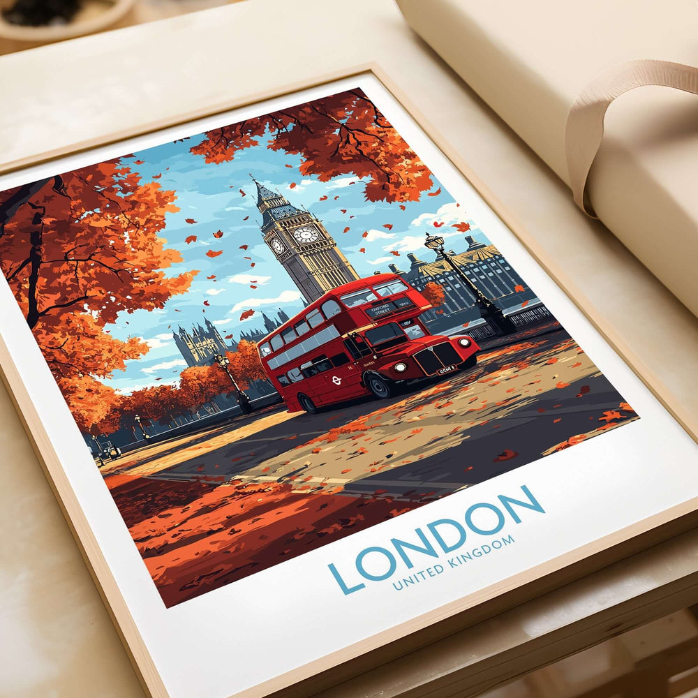 London Travel Poster featuring a red double-decker bus with Big Ben amidst autumn leaves.