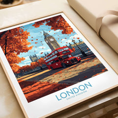London Travel Poster featuring a red double-decker bus with Big Ben amidst autumn leaves.