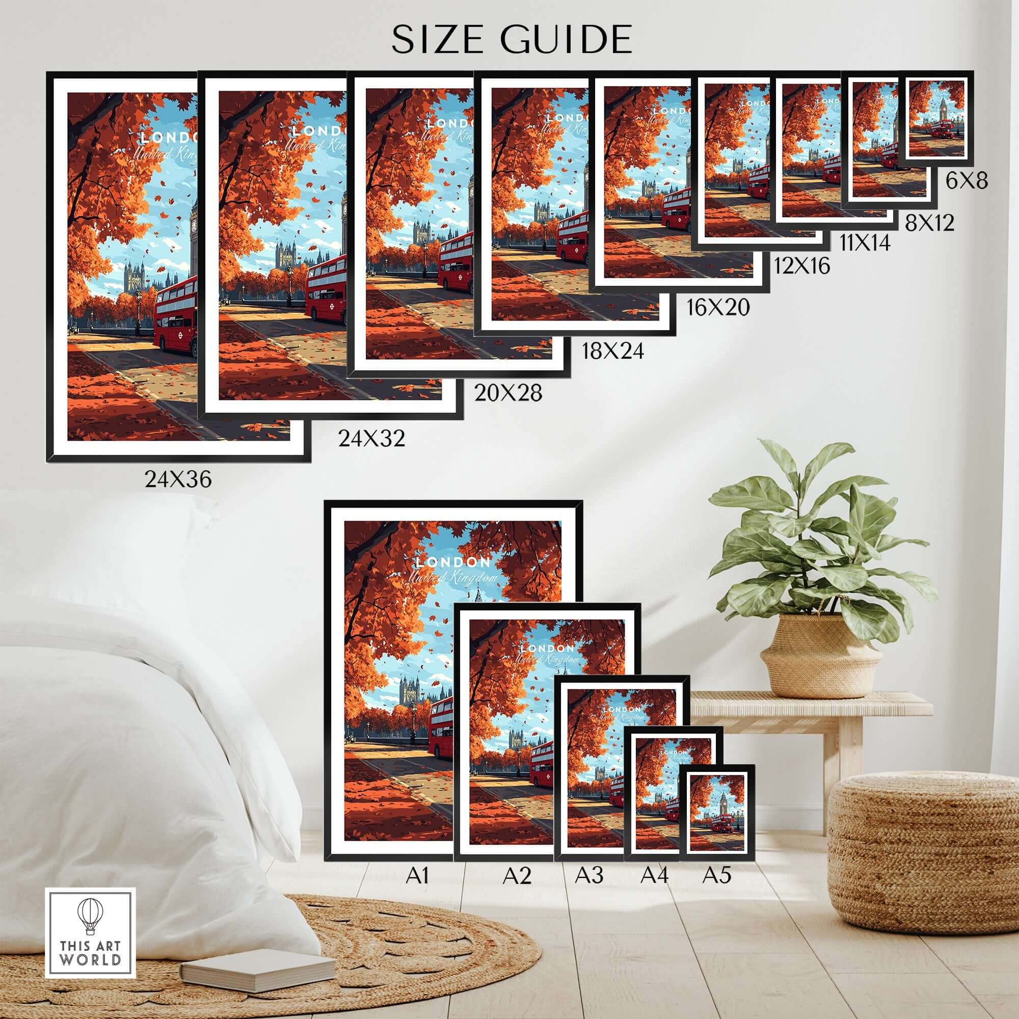 London Travel Print size guide featuring various frame sizes and iconic London imagery.