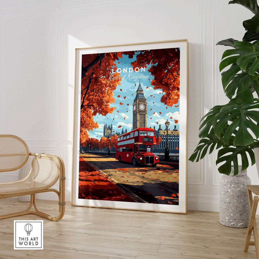 London Travel Print showcasing Big Ben and a red bus among autumn trees in a stylish interior setting.