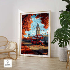 London Travel Print showcasing Big Ben and a red bus in a vibrant autumn scene.