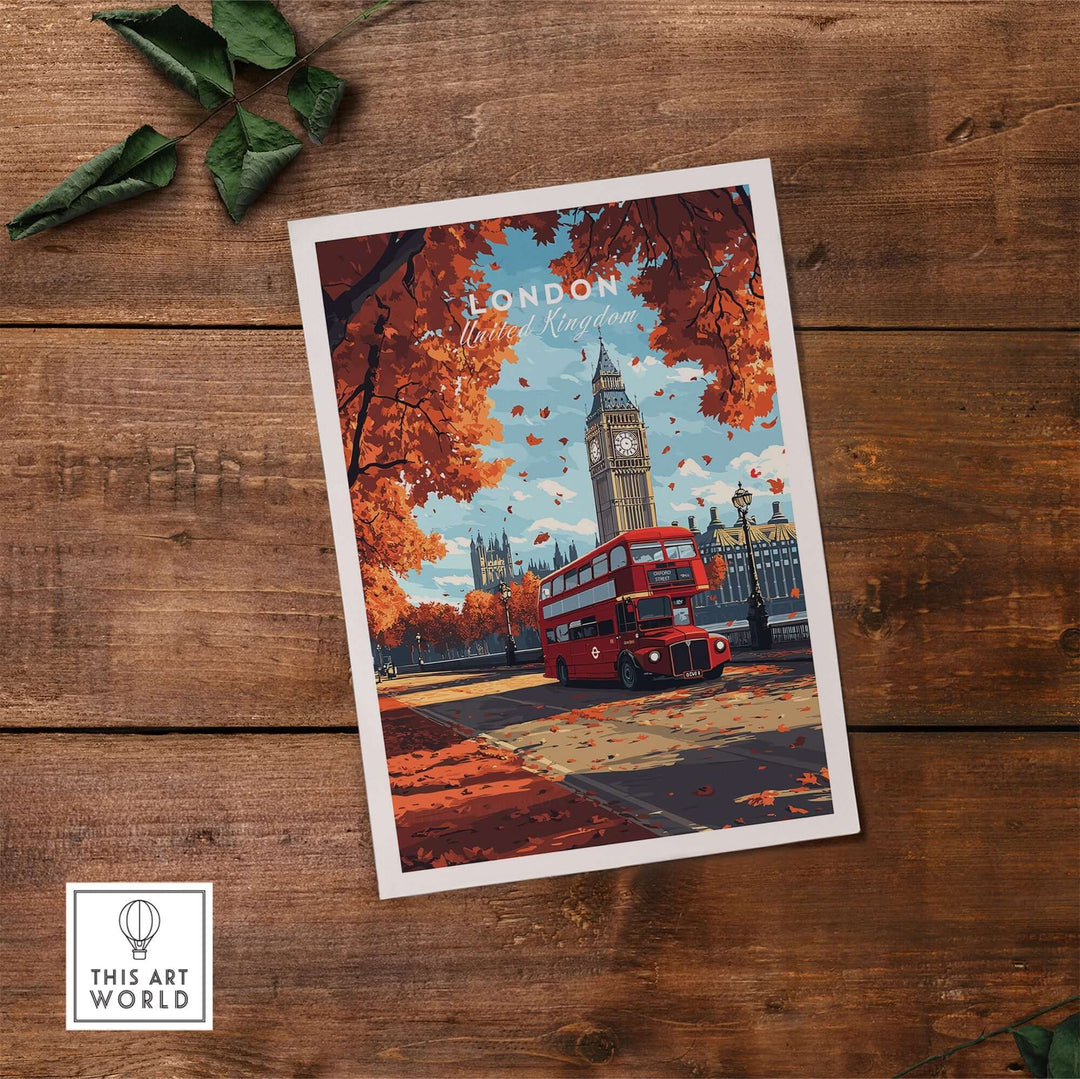 London Travel Print showcasing Big Ben and a red bus surrounded by autumn leaves, perfect for wanderlust lovers.