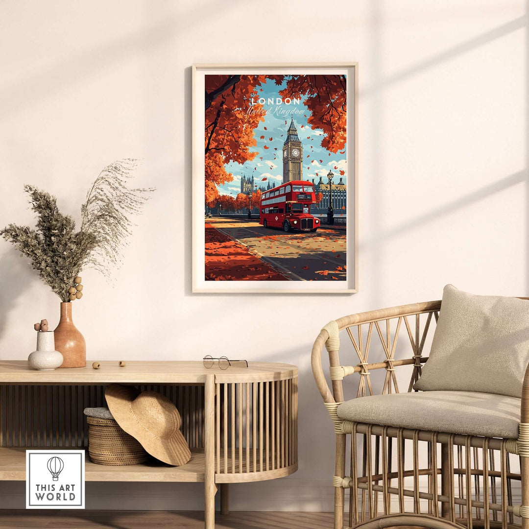 London Travel Print featuring Big Ben and a red bus in a cozy living room setting. Perfect for wanderlust decor.